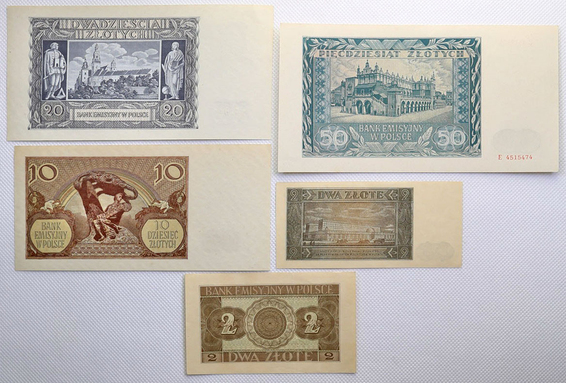 Polska zestaw pięciu banknotów 2 złote, 10 złotych, 20 złotych, 50 złotych 1940-1948